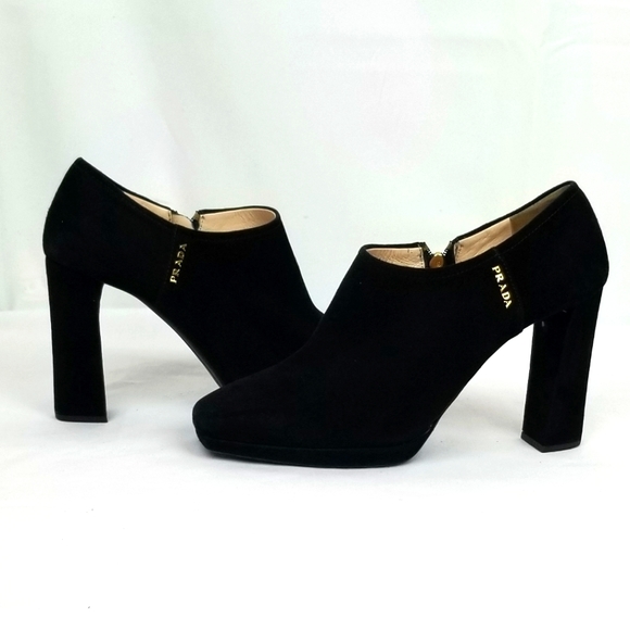 Prada Black Suede Block Heels Ankle Boots 37.5 - Picture 2 of 10